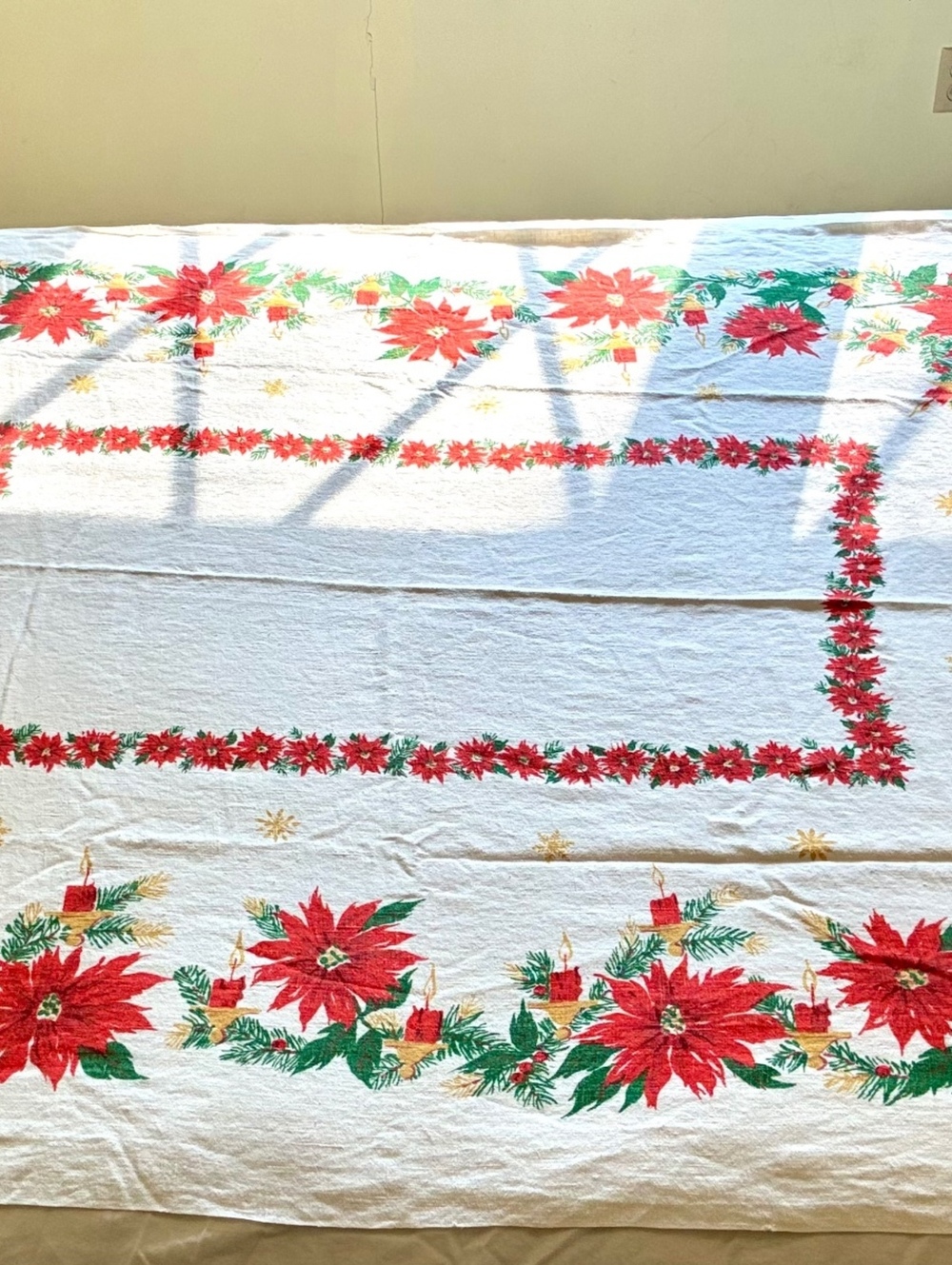 Vintage Christmas Tablecloth with Poinsettia and Candle Design - Picture 4 of 4